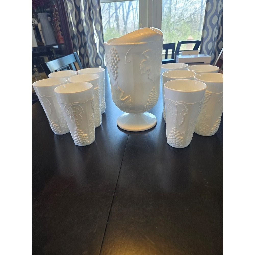 Vintage Westmoreland Milk Glass 12-Pc Set: Paneled Grape Pitcher & 11 Tumblers